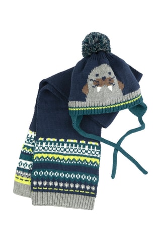 Bonnet aviateur à pompon et écharpe - Bleu nuit