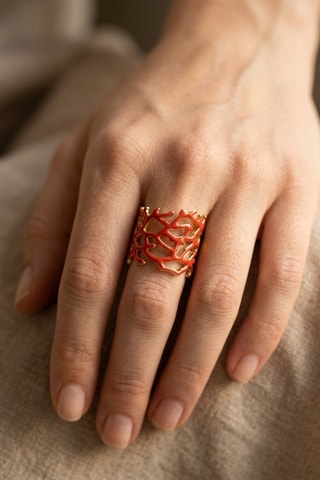 Bague Corail Email - Doré et rouge