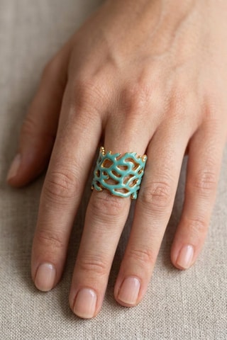 Bague Corail Email - Doré et turquoise