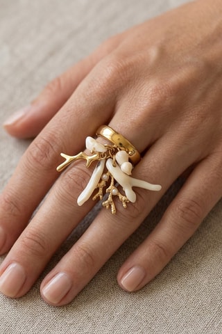 Bague Corail Email - Doré et blanc