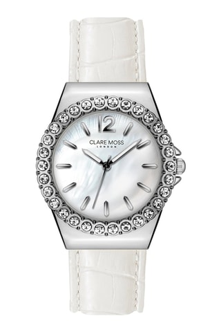 Reloj de cuarzo de piel bovina, nácar y circones Mayfair - Blanco y plateado