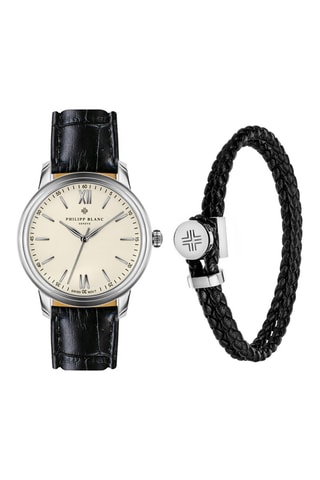 Estuche reloj de cuarzo chapado en ion plateado y piel y pulsera de piel Geneva
