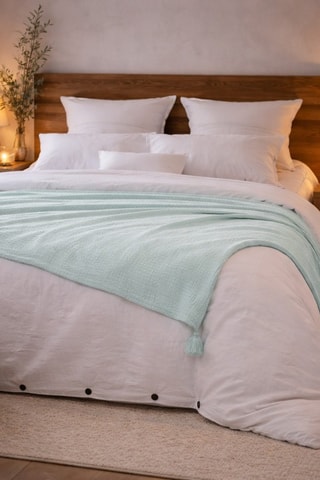 Parure de couette et bout de lit en gaze de coton La Sultane - Blanc et vert d'eau