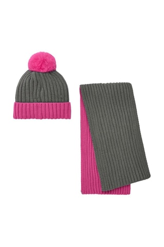 Muts met Pompon en Sjaal - Roze en grijs