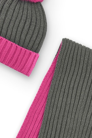 Muts met Pompon en Sjaal - Roze en grijs