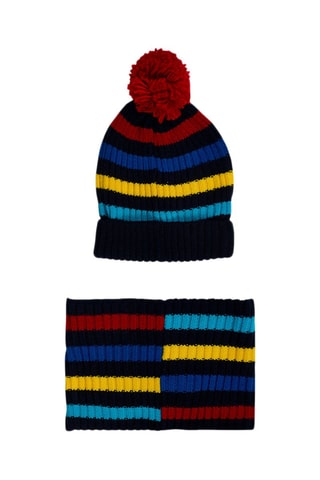 Muts met Pompon en Colsjaal - Rood, blauw en geel