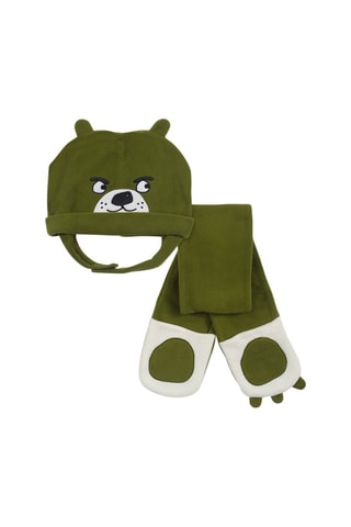 Fleece Muts met Oortjes en Sjaal - Wit, zwart en groen