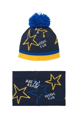Muts met Pompon en Colsjaal - Blauw en geel