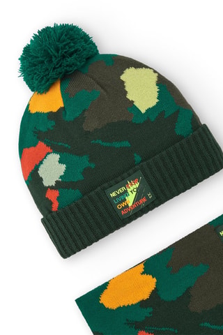 Muts met Pompon en Colsjaal - Zwart, groen en oranje