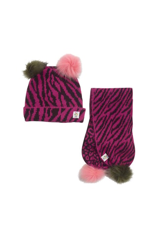 Muts met Pompon en Sjaal - Zwart, rood en roze