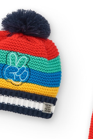 Muts met Pompon en Sjaal - Rood, blauw en groen