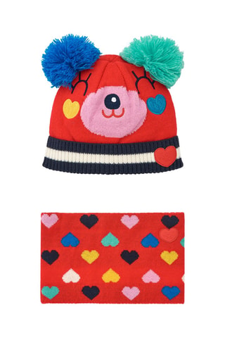 Muts met Pompons en Colsjaal - Wit, rood en roze