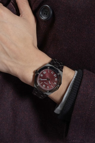 Montre à quartz en acier - Gris et bordeaux