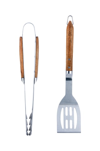 2 utensilios de barbacoa de madera de acacia y acero inoxidable