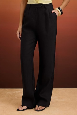 Pantalon wide legs en lin taille haute - Noir