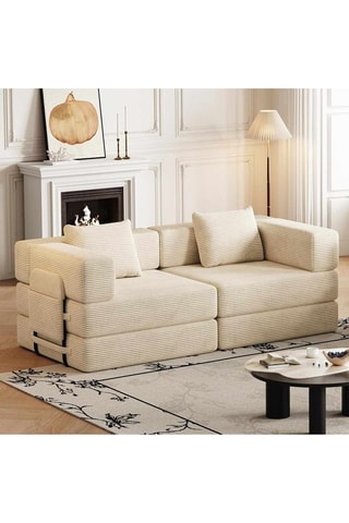 Canapé convertible - Beige - 2 places - Tissu toucher velours côtelé