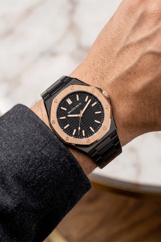 Montre à quartz en acier - Noir et doré rose