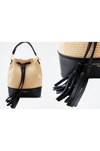 Bolso saco de piel y rafia Livy - Beige y negro