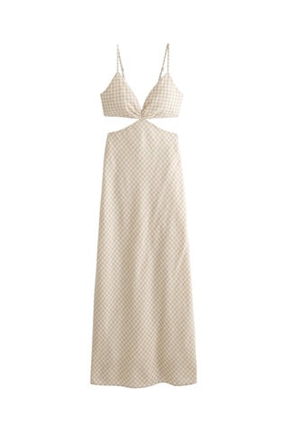 Vestido midi de lino - Beige y blanco