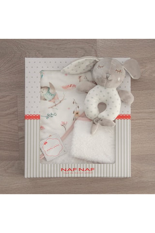 Estuche capa de baño, manopla y doudou Birds Explorer - 3 artículos - 75 x 75 cm - Blanco y rosa