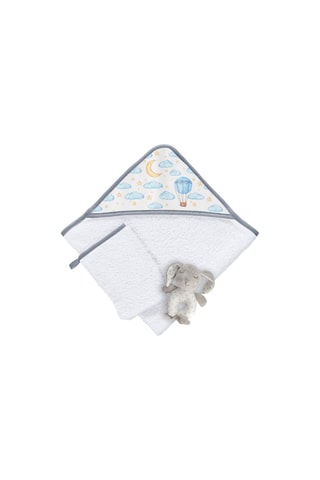 Estuche capa de baño, manopla y doudou Airballon - 3 artículos - 75 x 75 cm - Blanco y gris