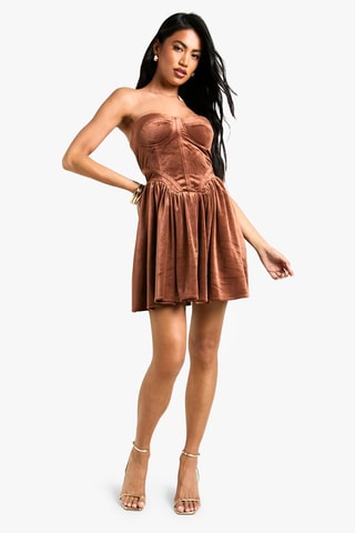 Abito bustier in velluto - Cammello