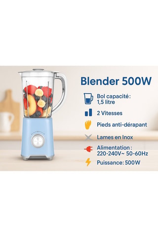 Blender - 1,5 l - 500 W - 2 vitesses - Bleu