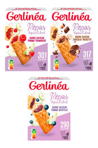 3 x Barres repas fourrées pomme framboise - 360 g, 3 x Barres repas fourrées pomme myrtille - 360 g et 3 x Barres repas fourrées chocolat - 360 g