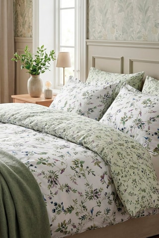 Drap plat  en satin de coton 80 fils/cm² Eden Sauvage - Blanc et vert
