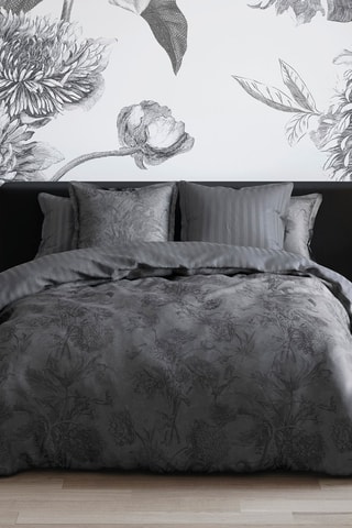 Drap plat satin de coton Flore - Noir et gris