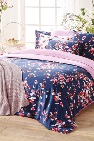Drap plat en satin de coton 80 fils/cm² Aurore - Bleu marine et rose