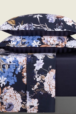 Parure de draps en satin de coton 80 fils/cm² Bouquet d'Hortensias - Bleu nuit et beige