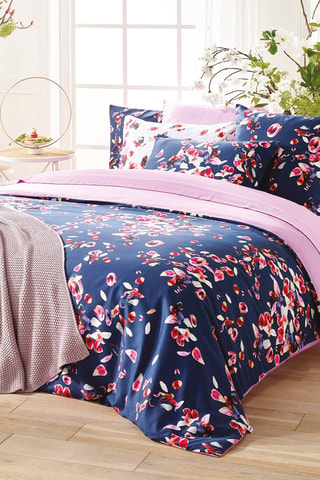 Housse de couette en satin de coton 80 fils/cm² Aurore - Bleu foncé et rose
