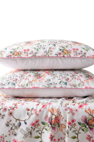 Parure de draps en satin de coton 80 fils/cm² Jardin secret - Blanc et rose