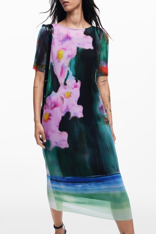 Robe plissée - Vert et rose