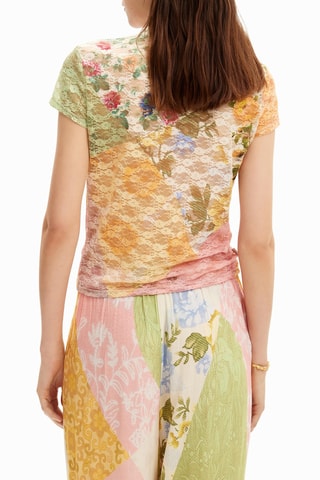Top en dentelle - Gris, rose et vert