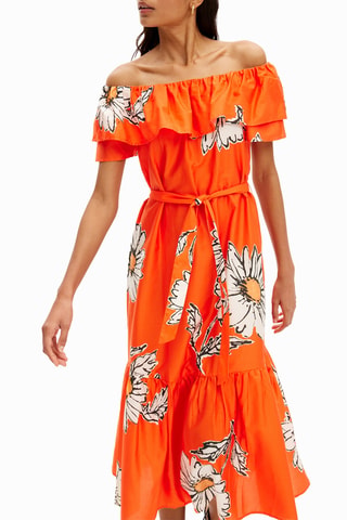 Robe midi - Blanc, noir et orange