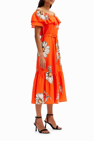Robe midi - Blanc, noir et orange