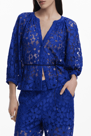 Pantalon regular en dentelle - Bleu foncé