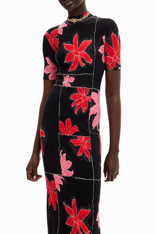 Robe midi - Noir, rouge et rose