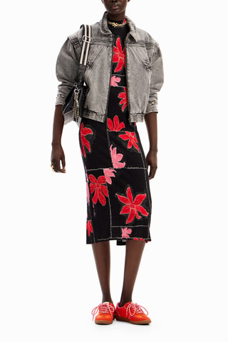 Robe midi - Noir, rouge et rose