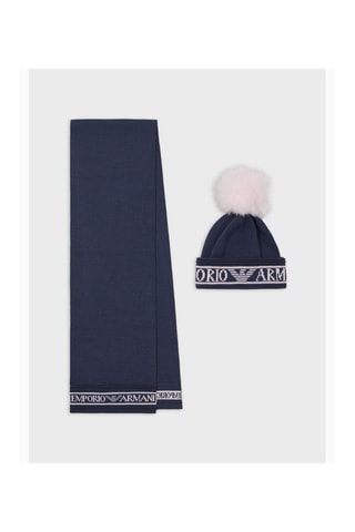 Bonnet à pompon et écharpe en laine - Blanc marine