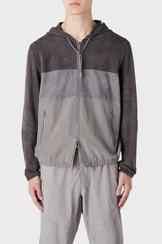 Veste en cuir de chèvre nubuck à capuche - Gris - Emporio Armani
