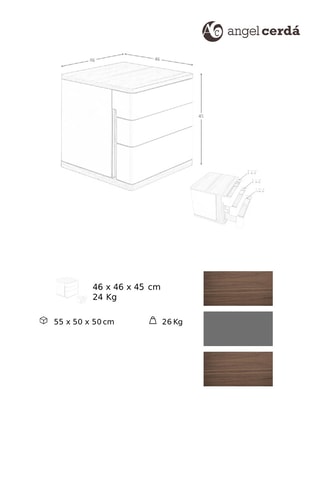 Comodino 3 cassetti - Bianco ed effetto noce - 46 x 46 x 45 cm