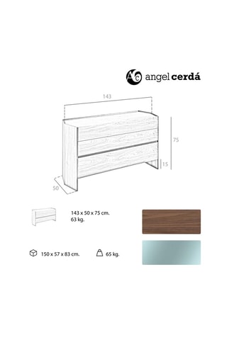 Comò 3 cassetti in legno placcato noce e vetro - 150 x 83 x 57 cm