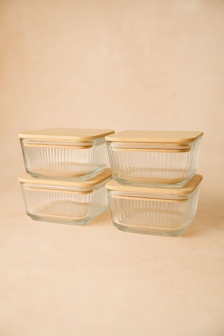 4 boîtes de conservation en verre avec couvercles en bambous - 30 cl