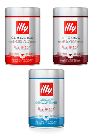 	6 boîtes de café moulu Décafeiné Illy - 250 g, 6 boîtes de café moulu Intenso Illy - 250 g et 6 boîtes de café moulu - 250 g