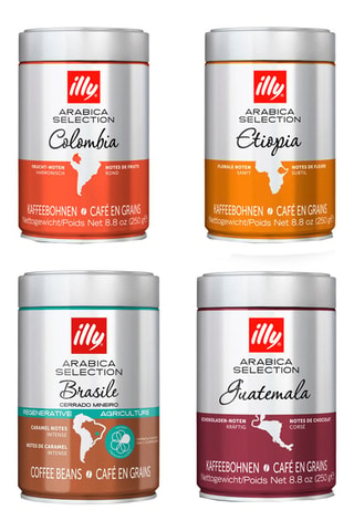 6 boîtes de café Arabica en grains Sélection Brésil Cerrado Mineiro - 250 g, 6 boîtes de café en grains Arabica Selection Etiopia Illy - 250 g, 6 boîtes de café en grains Arabica Selection Guatemala Illy - 250 g et 6 boîtes de café en grains Arabica Selec