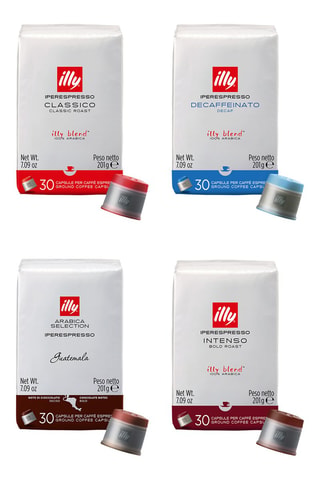 	Capsules iperespresso classico - 10 x 30 capsules, Capsules iperespresso guatemala - Notes de chocolat - 10 x 30 capsules, Capsules iperespresso intenso - 10 x 300 capsules et Capsules iperespresso décaféiné - 10 x 30 capsules