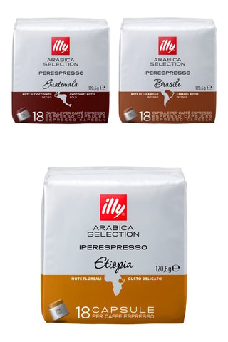 	6 paquets de capsules Iperespresso Brésil - 18 capsules, 6 paquets de capsules Iperespresso Ethiopie - 18 capsules et 	6 paquets de capsules Iperespresso Guatemala - 18 capsules